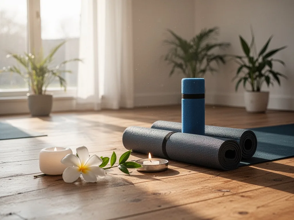 Une salle de Bikram yoga avec des pratiquants alignés sur leur tapis, éclairés par une lumière tamisée et enveloppés de vapeur