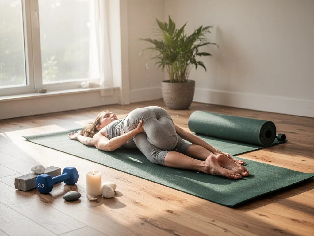 Tapis de yoga Decathlon déroulé sur un sol en bois clair, avec les pieds d'un pratiquant en appui