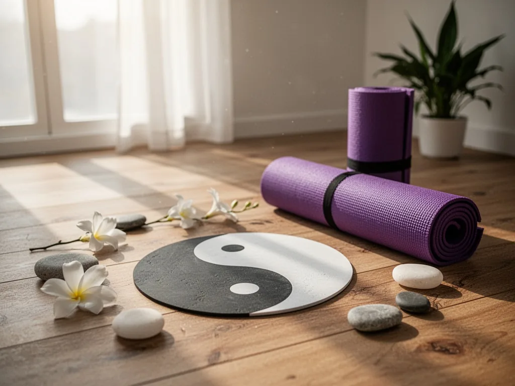 Symbole du yin et yang en noir et blanc avec un léger dégradé, posé sur un fond de bois clair évoquant un intérieur de pratique