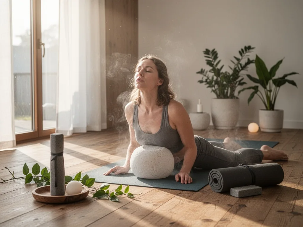 Personne assise en tailleur, yeux fermés, pratiquant la respiration Wim Hof dans une pièce calme