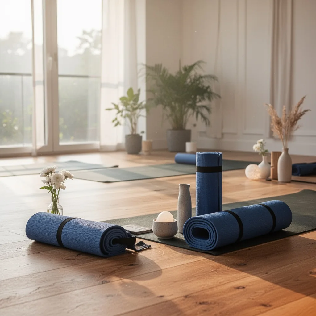 Deux personnes pratiquant le yoga sur des tapis dans une salle lumineuse, l'une en posture du chien tête en bas, l'autre en fente basse.