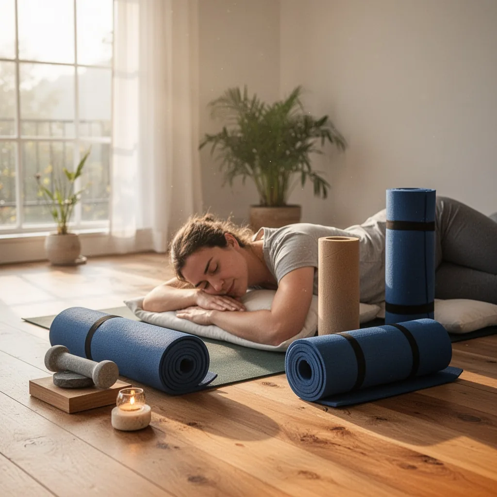 Personne allongée en posture de yoga restauratif dans une chambre tamisée, les jambes surélevées sur un coussin, préparation au sommeil